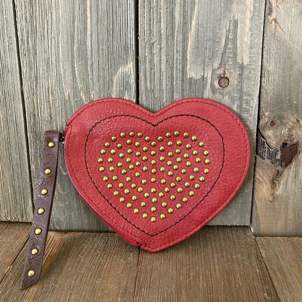 Fossil Red Leather Heart Coin Purse Gold Studs Zip Close